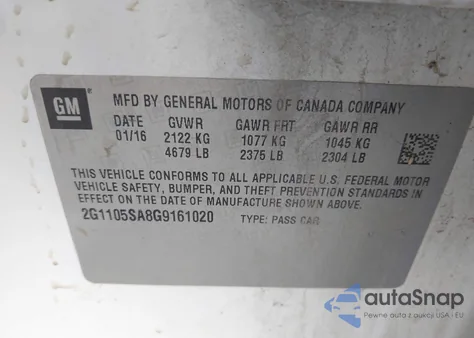 2016 Chevrolet Impala 1Lt из США, поврежденный, VIN 2G1105SA8G9161020